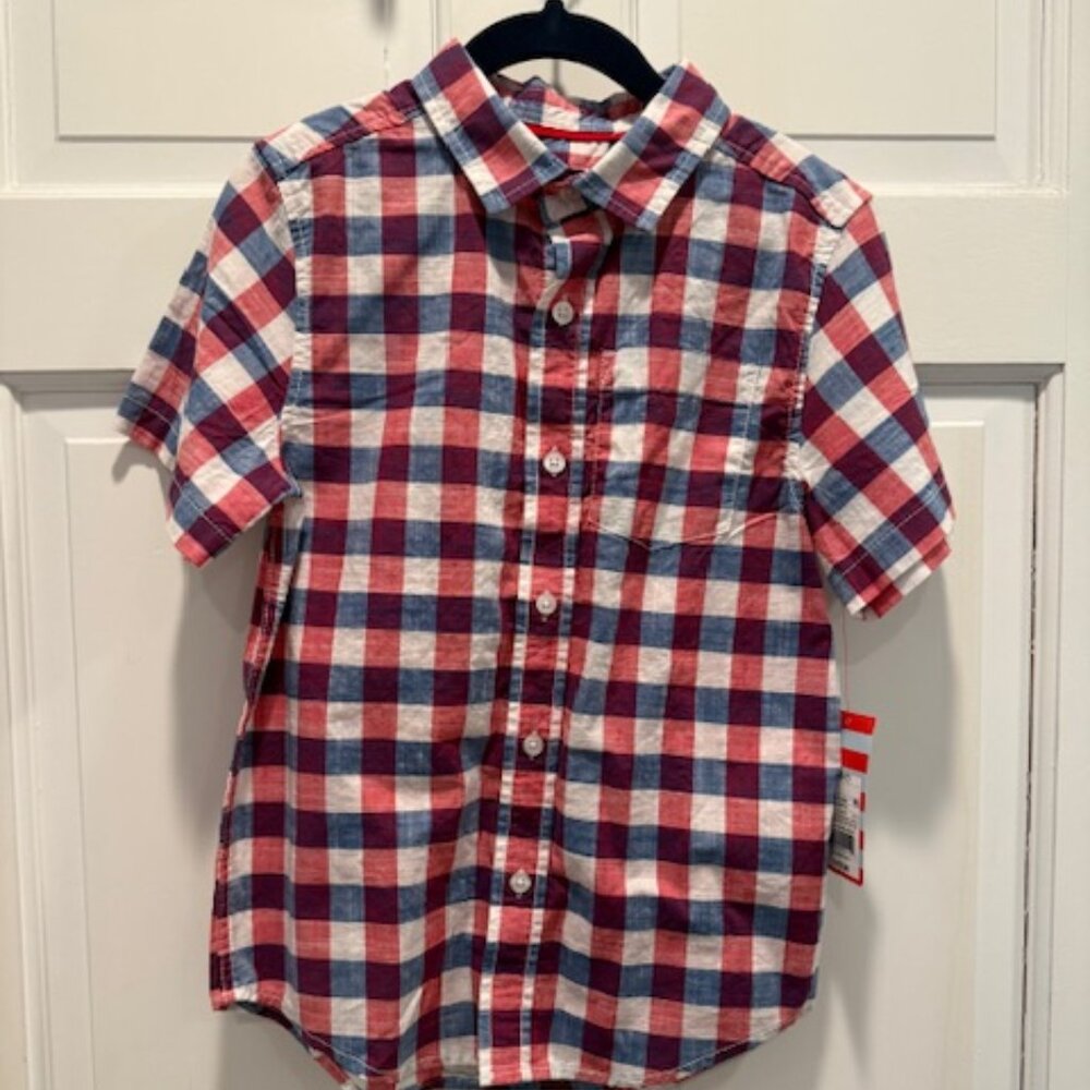 NEW Boy’s Cat & Jack Short Sleeve Plaid Cotton Button-Down Shirt Red/Blue/White